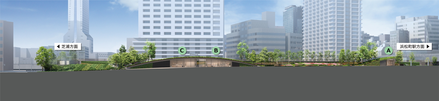 GREEN WALKエリア内の飲食店舗の配置図。AはJaho Coffee＆Tea、BはPALM SPRINGS CLUB、CはOrtu