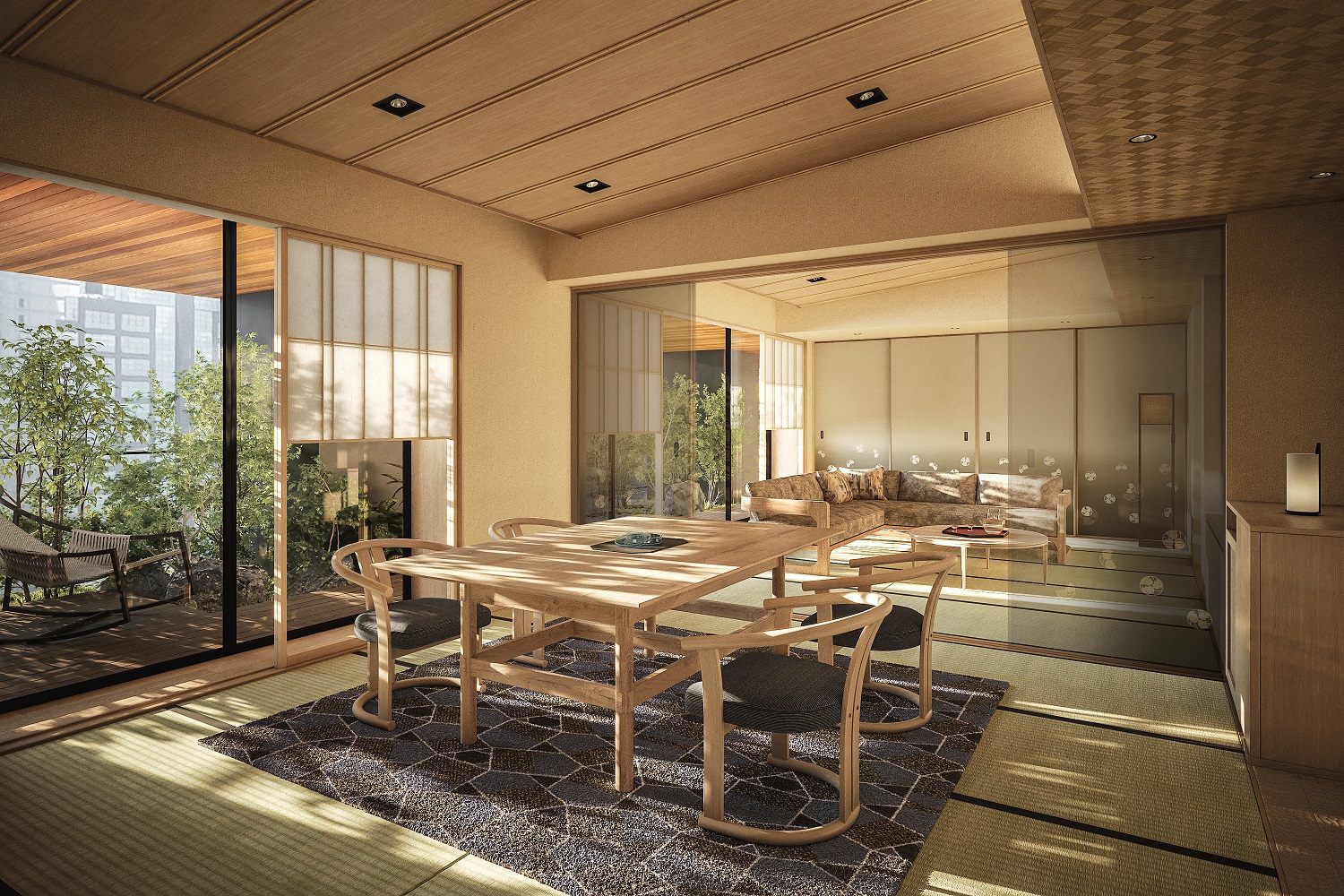 「ふふ 東京 銀座」の客室例と室内の温泉風呂