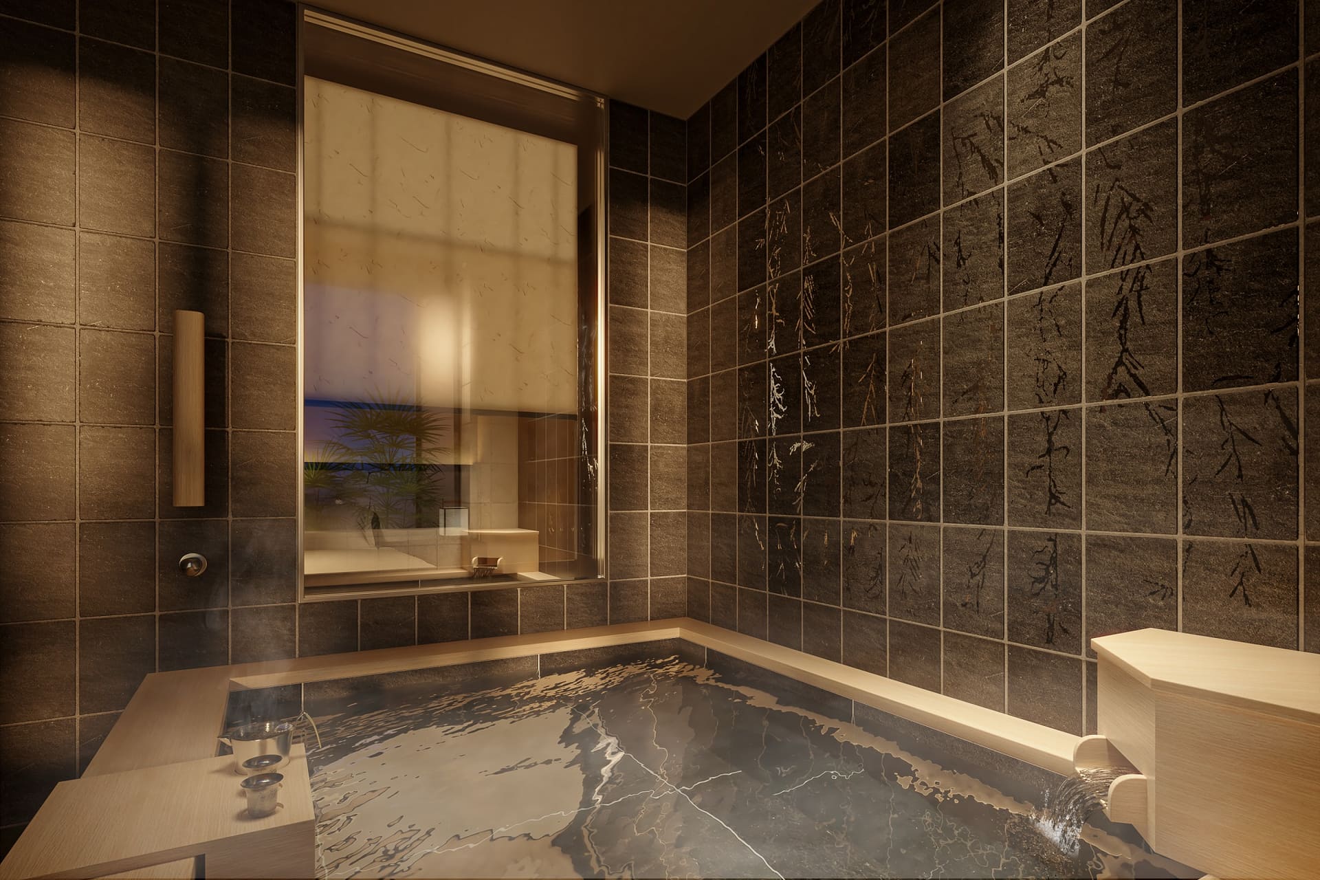 「ふふ 東京 銀座」の客室例と室内の温泉風呂