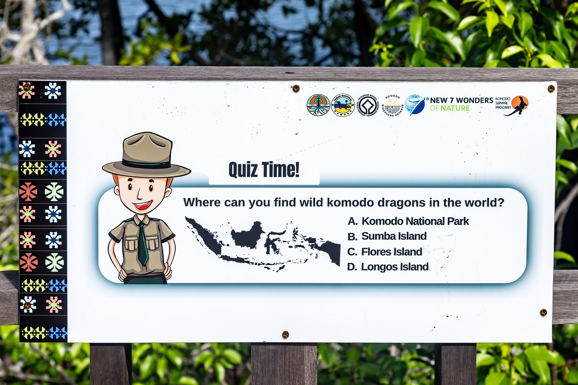 桟橋にはコモドドラゴンにまつわる案内のほかクイズも用意