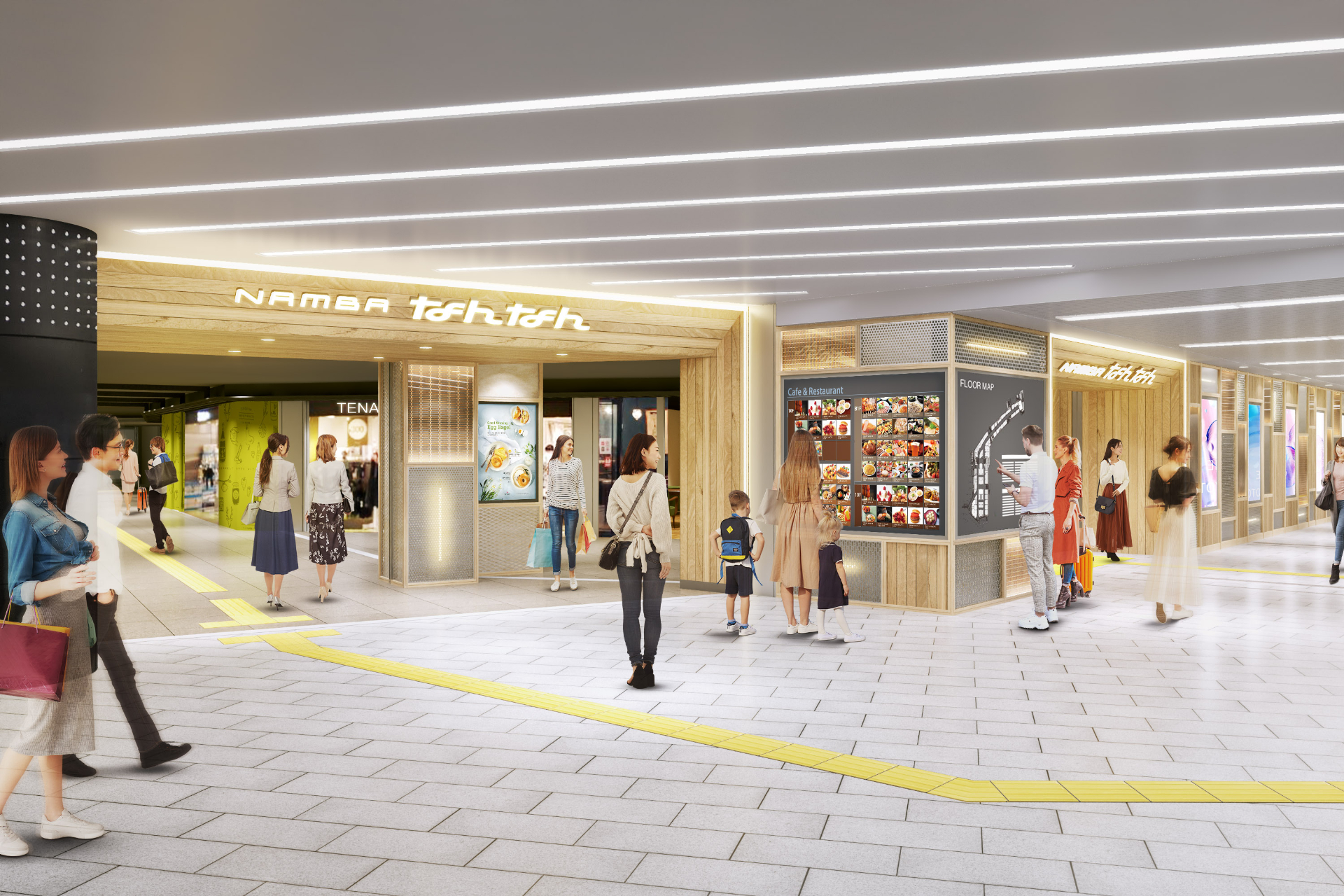 施設内装も温かみのあるデザインにリニューアル。下町散策するような空間で、来街者の回遊性を向上させる