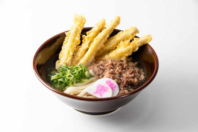 ごぼうの天ぷらと甘辛に味付けした牛肉が乗った「肉ごぼ天うどん」