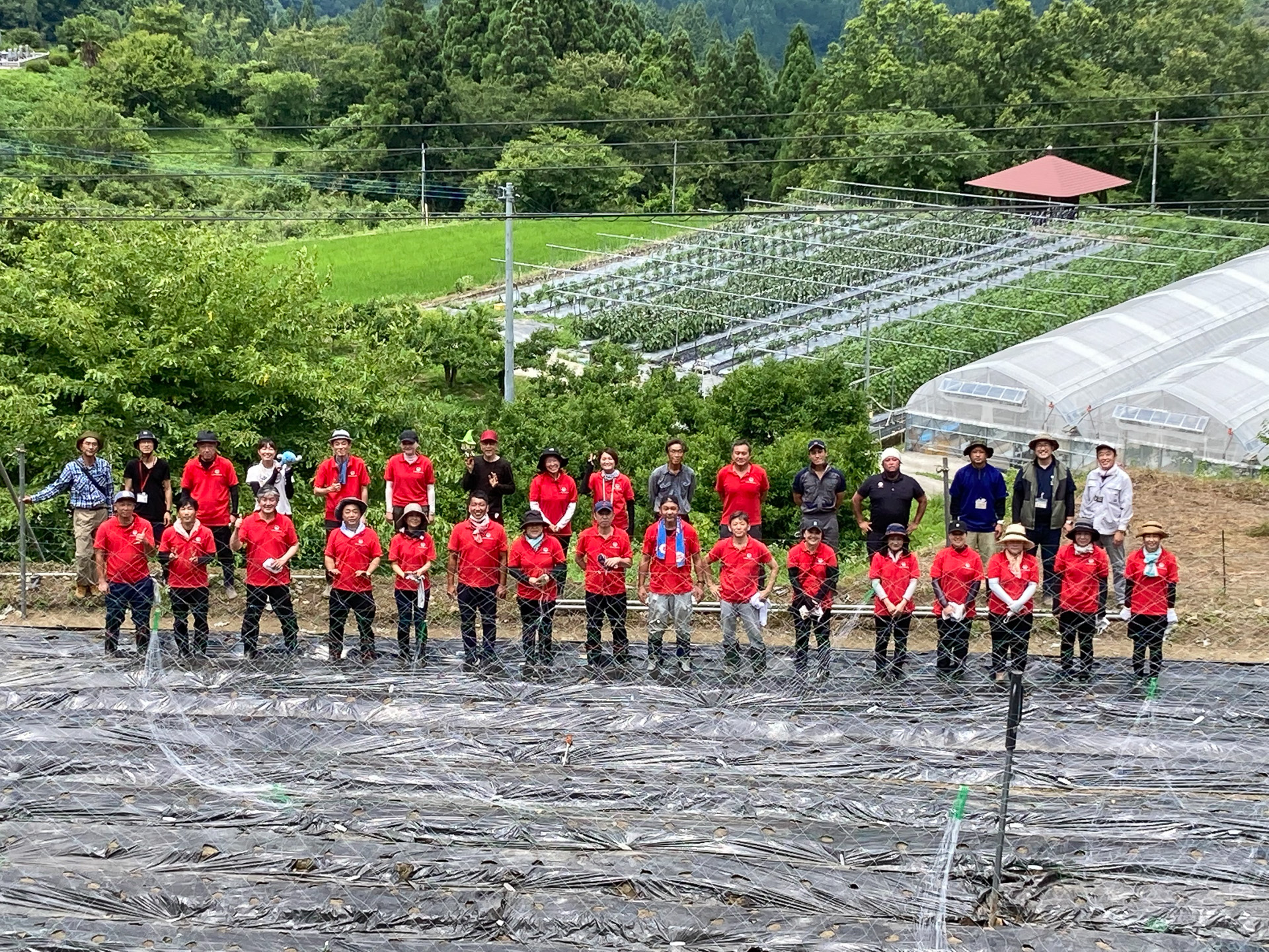 種植え後、地元の皆さまと一緒に作業を頑張ったJALグループのみんなで！　黒いビニールの下に種が植わっています