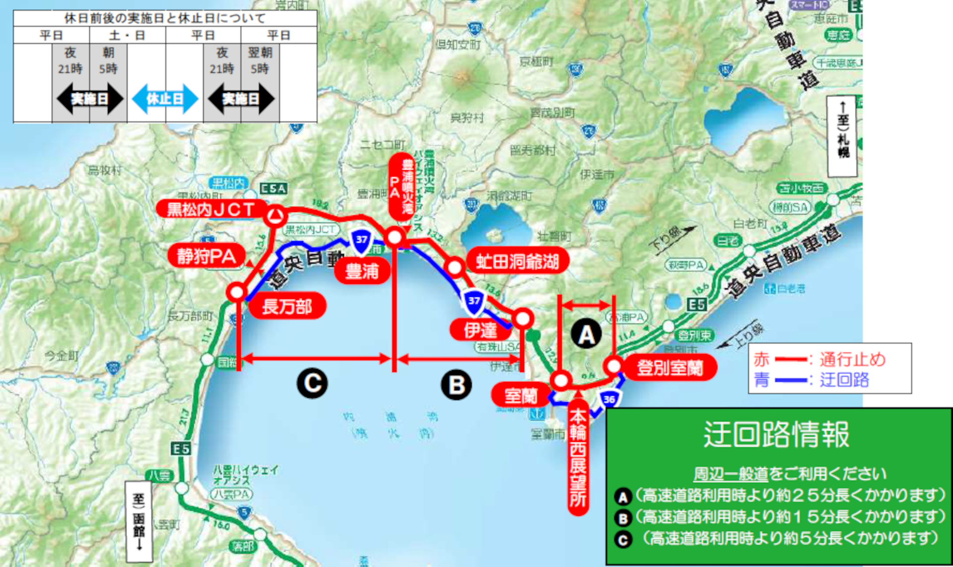 道央道トンネル点検に伴う夜間（21時～翌5時）通行止めのマップ