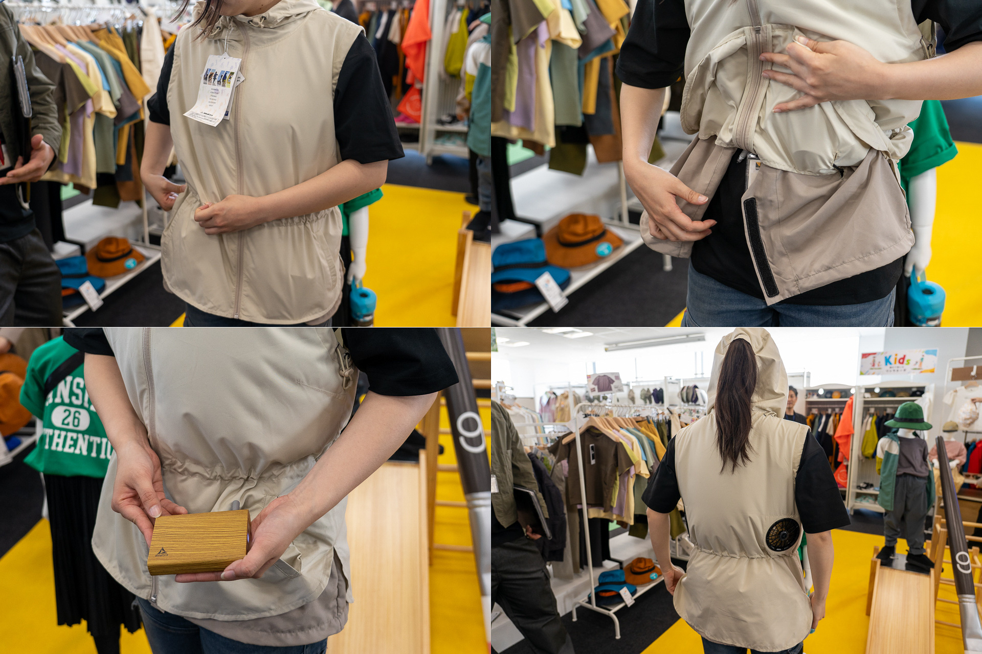 二重仕様になっていてお尻部分を隠せるデザイン。フードにはポニーテールに束ねたときに髪を出せる工夫も