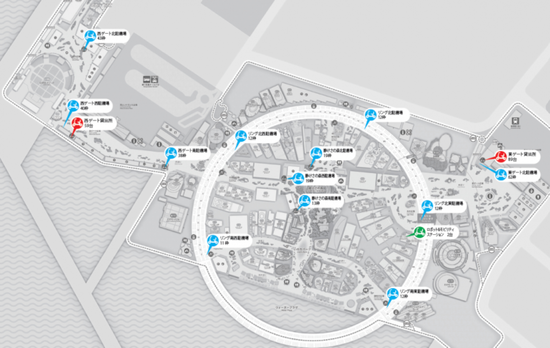 高齢者なども乗れる1人用「パーソナルモビリティ」（無料）。会場内に貸出所と駐機場が設置されている