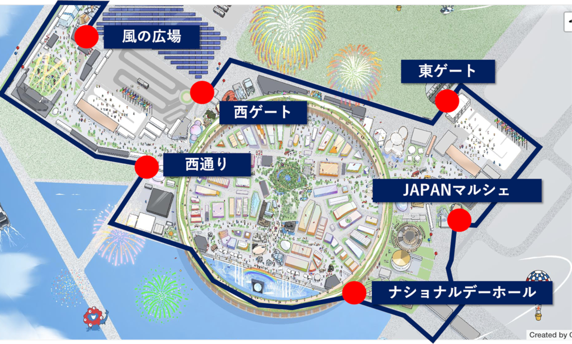 万博会場内のEVバス走行ルート。主要スポット付近に6か所の停留所が設けられている。【1】西ゲート北ターミナル（風の広場）【2】西ゲート南停留所（西通り）【3】リング東停留所（ナショナルデーホール）【4】東ゲート南停留所（JAPANマルシェ）【5】東ゲート北停留所（東ゲート）【6】リング西ターミナル（西ゲート近く）