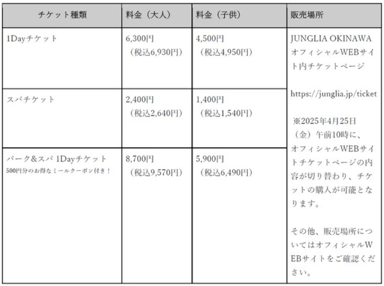チケット料金一覧表