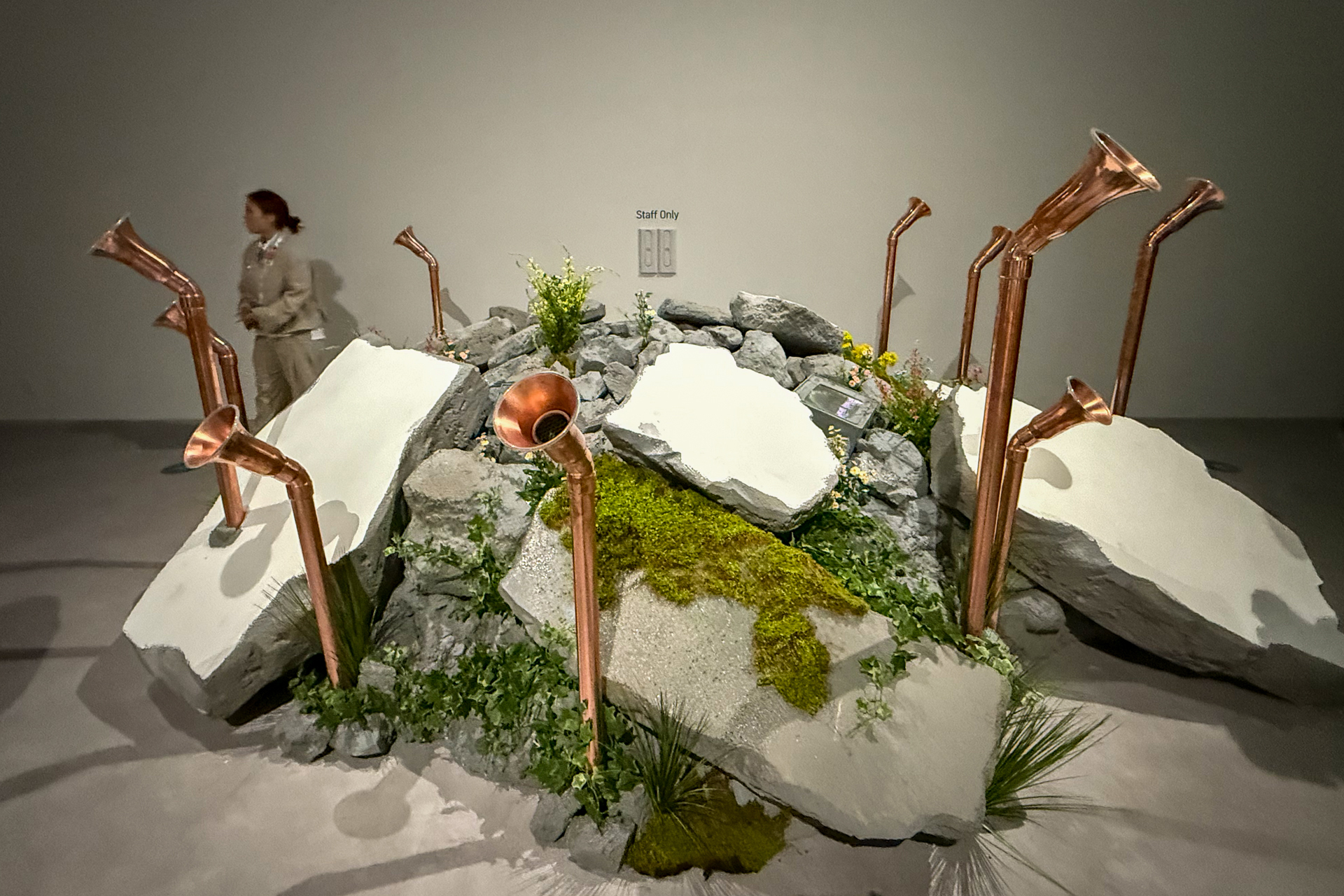 廃墟から命の再生を体感できるゾーン2。壁の展示とコンクリートの残骸が置かれている