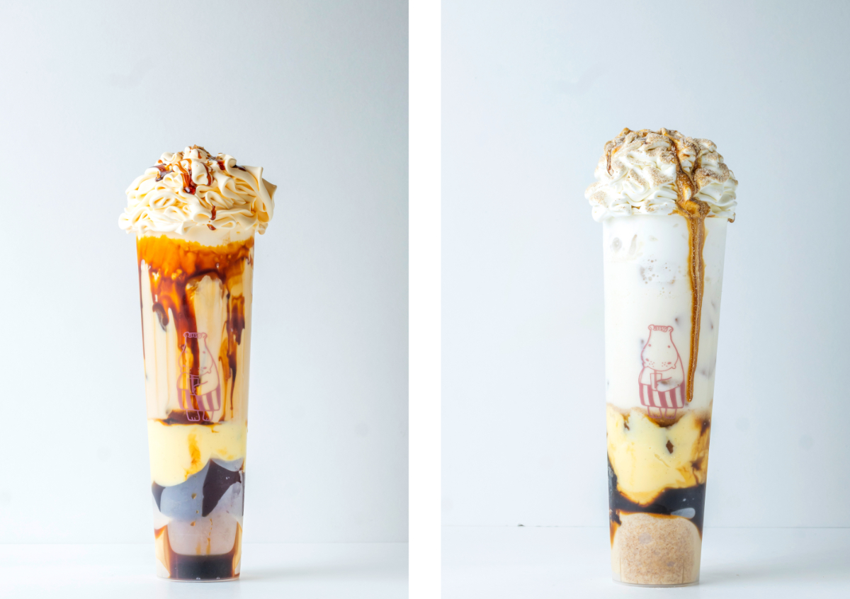 「OOKUSU飲むプリン」にもこもこの「来宮ソフト」を組み合わせた来宮スペシャルソフト。左からプリン味（1500円）、麦こがし味（1650円）