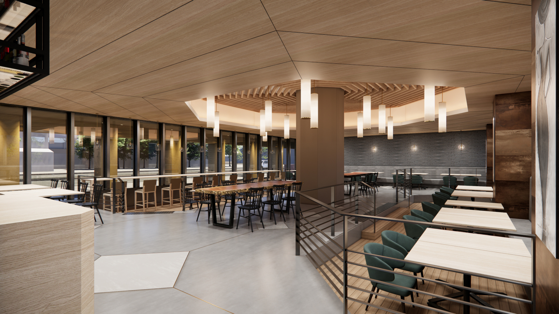 中庭を見渡すレストラン