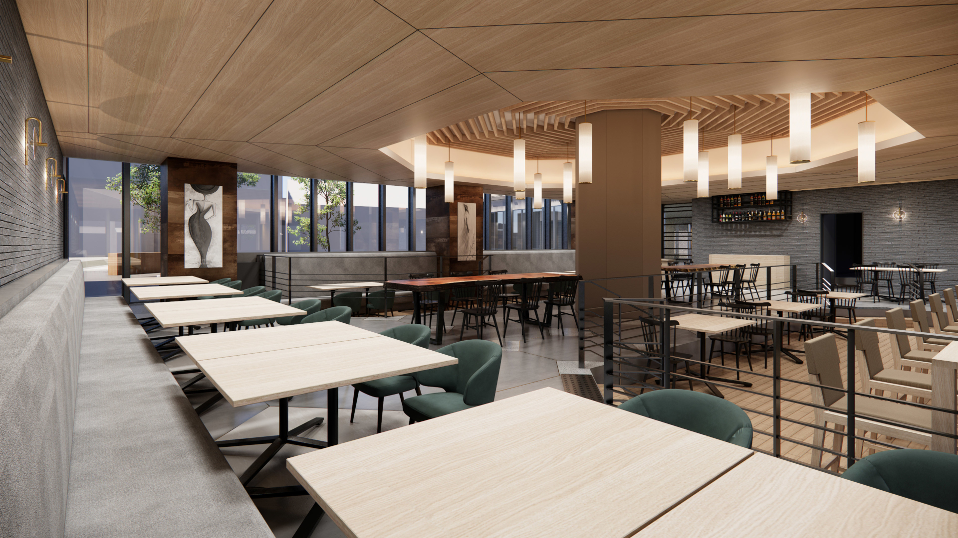 中庭を見渡すレストラン