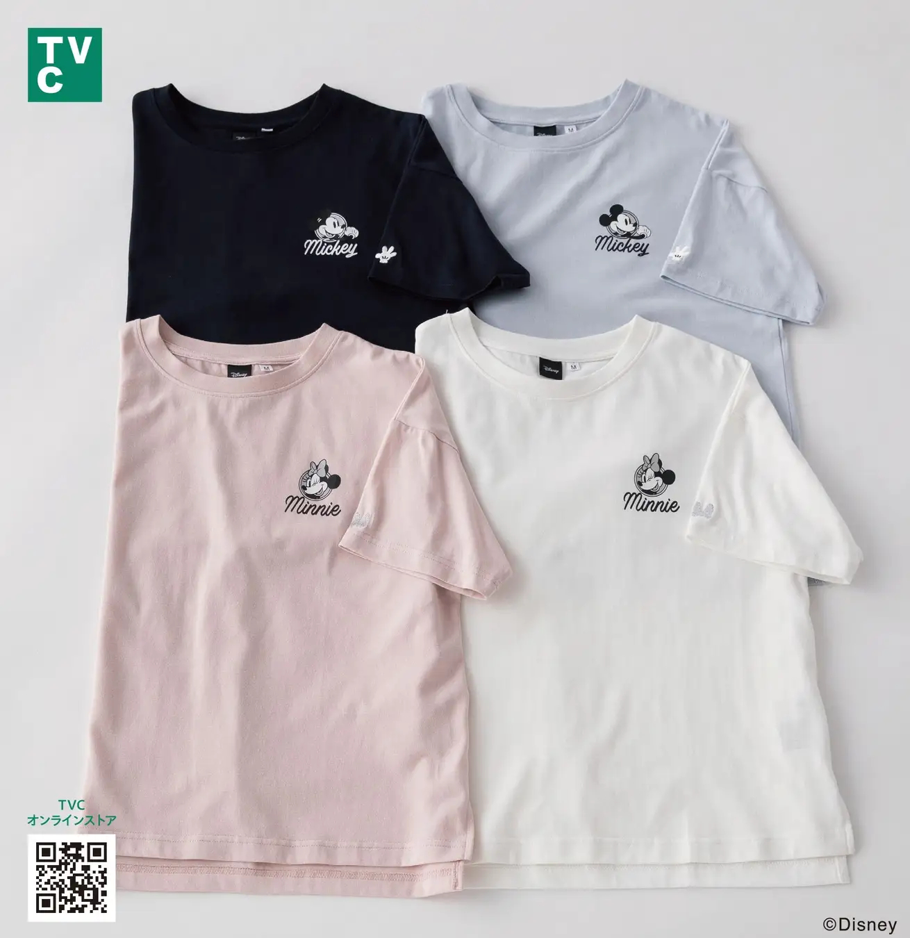 ミッキーマウス、ミニーマウスデザインのシンプルなTシャツが登場