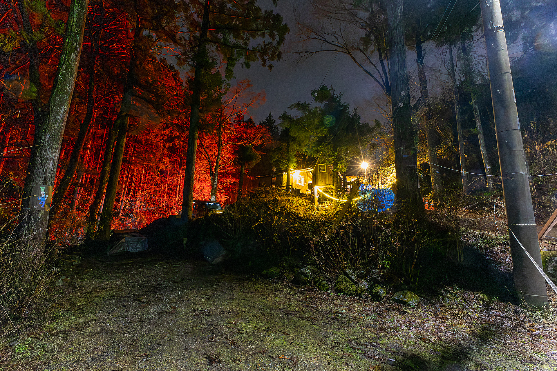 夜の感じ。奥の林の色はお風呂棟にあったライトの明かりによるもの。RVパークからコテージエリアまでは暗いのでトイレに行くときはライトを持っていった方がいい