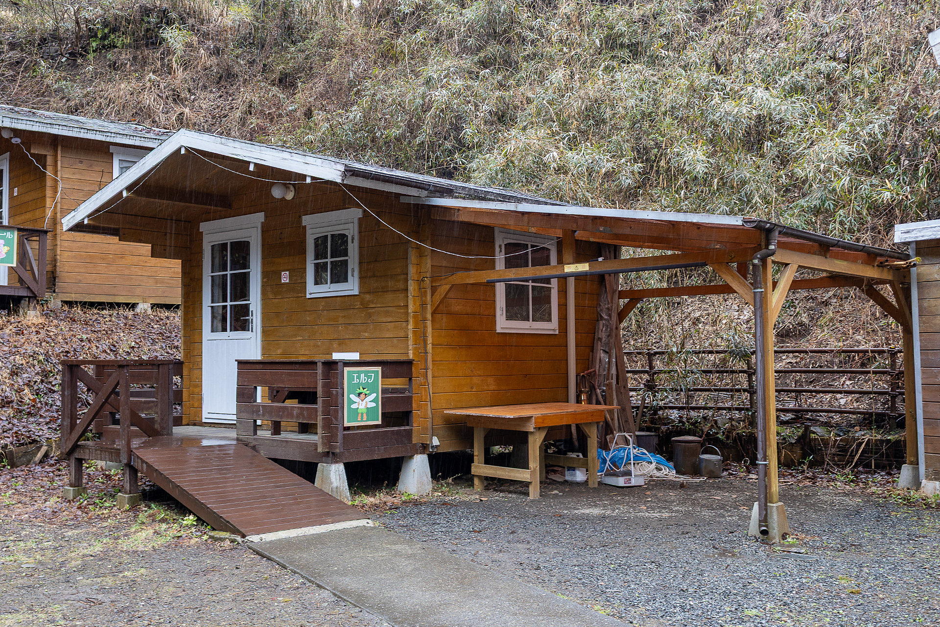 こちらのコテージは「エルフ」。エルフのみペット同伴がOKで、建物横に専用の屋根付きスペースがあるので、雨天のときも外で食事できる