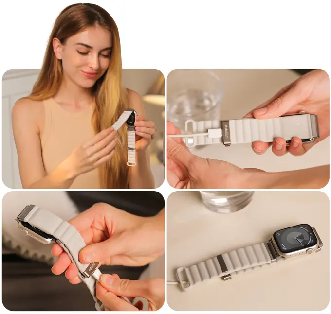 充電部と本体を接触させると充電可能。バンドへの充電はUSB-Cポートから