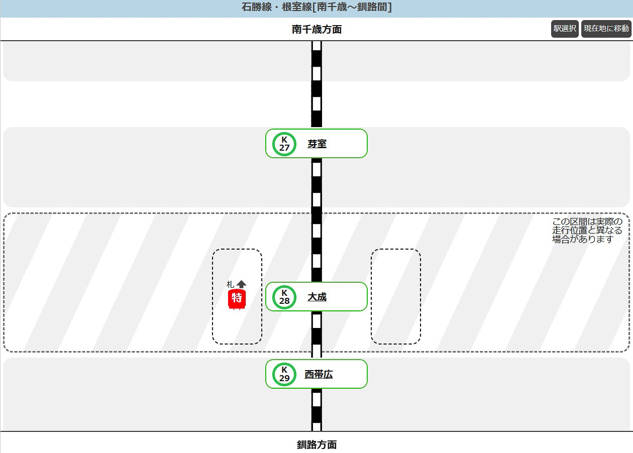 JR北海道の列車位置情報表示例。根室本線大成駅の前後で「この区間は実際の走行位置とは異なる場合があります」と表示されている