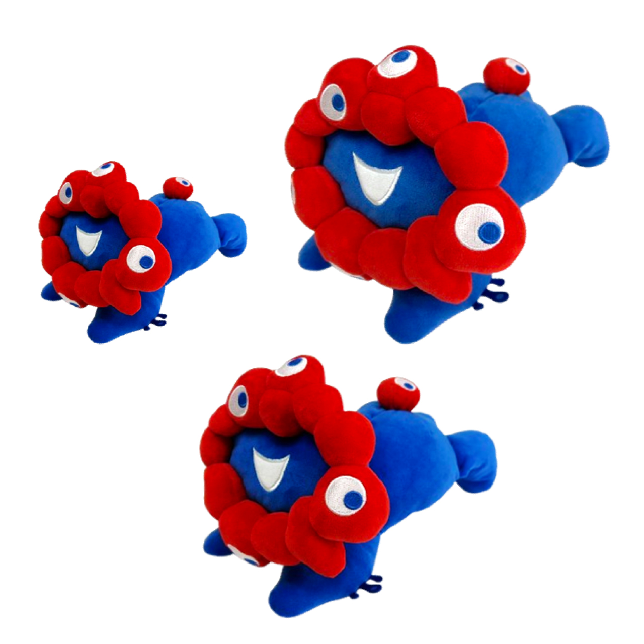 「EXPO2025 ミャクミャク 這型ぬいぐるみ」、S：約14×21×14cm、M：約18×26×17cm、L：約25×36×23cm（幅×奥行き×高さ）