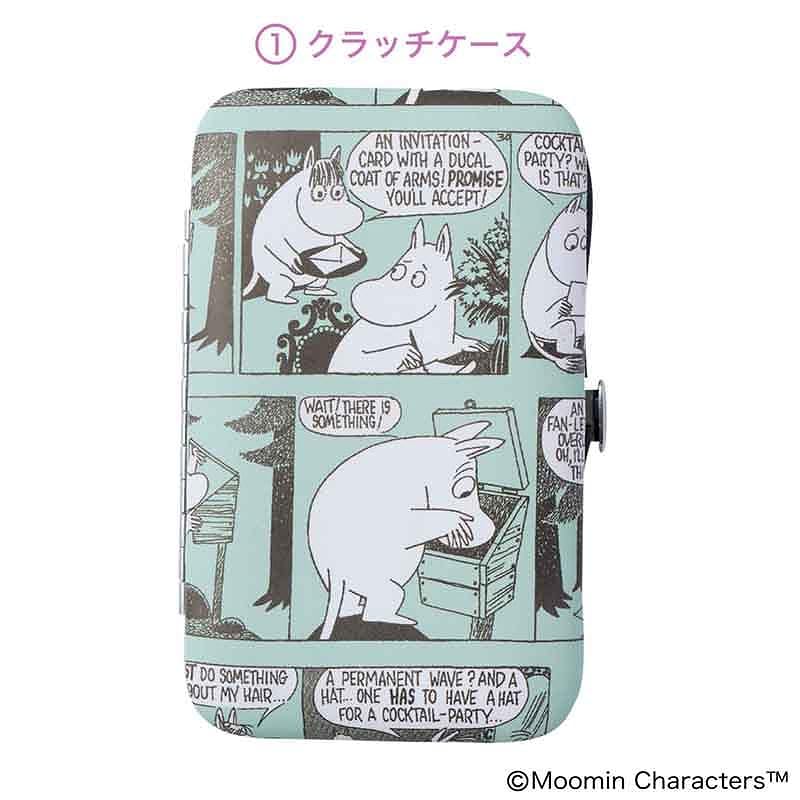 「ムーミン」のコミック柄デザインがかわいいクラッチケースの中に、必要な文具6点が入っている