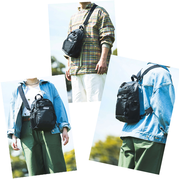 ショルダーストラップを付け替えることで、ショルダーバッグ、ボディバッグ、ミニリュックの3通りを使い分けられる