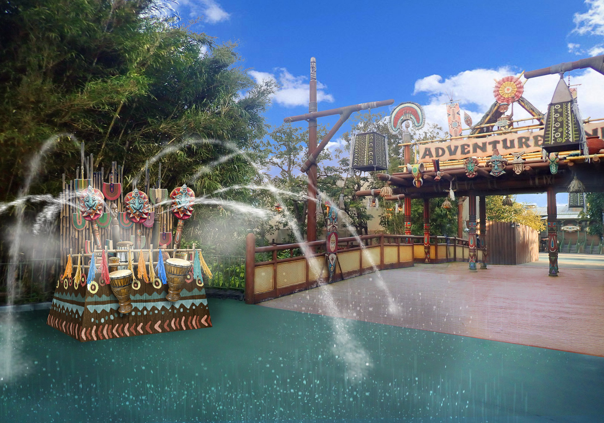 アドベンチャーランド入り口には新たに「びしょ濡れスポット」が誕生