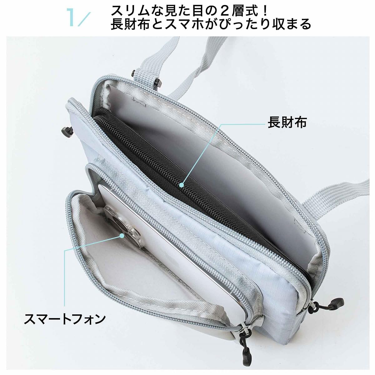 水に強い2層式ショルダーバッグ。サイズは約20.5×1.5×14.5cm（幅×奥行き×高さ）、ショルダーストラップの長さは約125cm