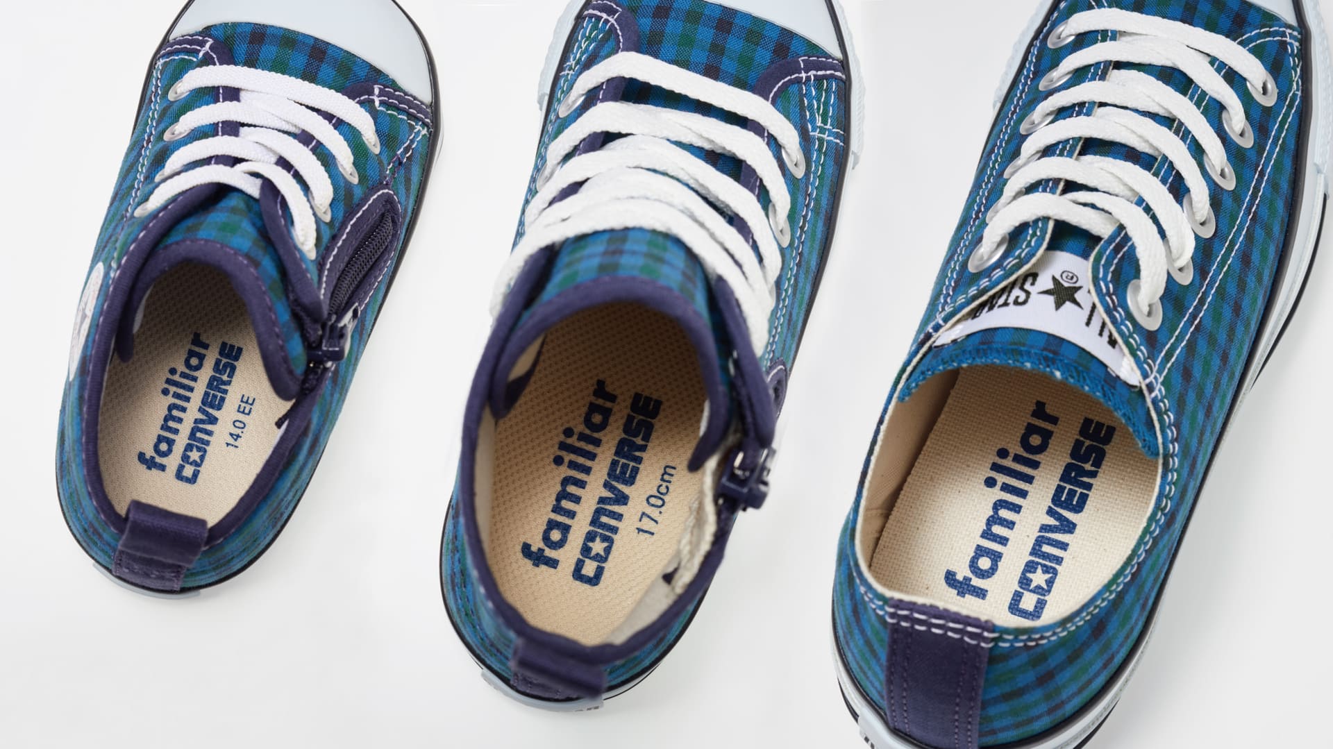 コンバースの「ALL STAR」に、ファミリアのブランドアイコンである「ファミリアチェック」を掛け合わせたスタンダードなデザイン。第2弾は待望の青系ファミリアチェックが登場
