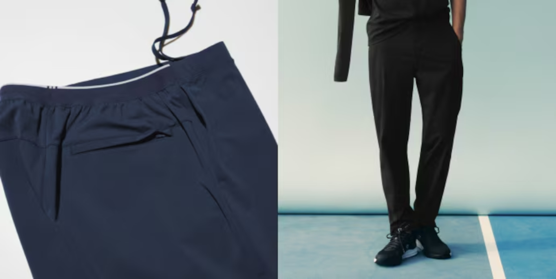 ウルトラストレッチアクティブショーツは、後部のウエストゴムとオープンスリットで動きやすく、ドライ機能のあるストレッチジャージ素材。ウルトラストレッチアクティブパンツもドライ機能のあるストレッチジャージ素材で、テーパードシルエットがシャープで上品な印象に