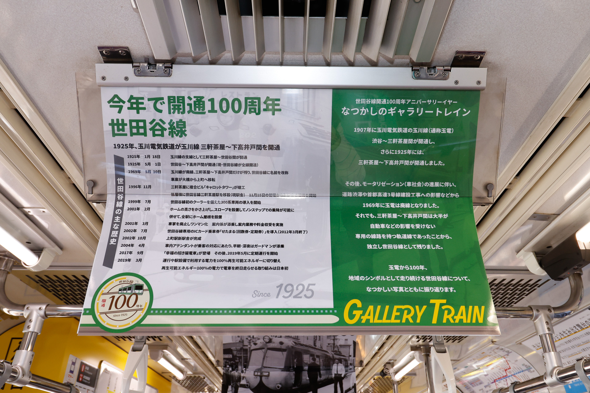 吊り広告枠のうち1枚分は、世田谷線の歴史やギャラリートレインの説明に充てられている
