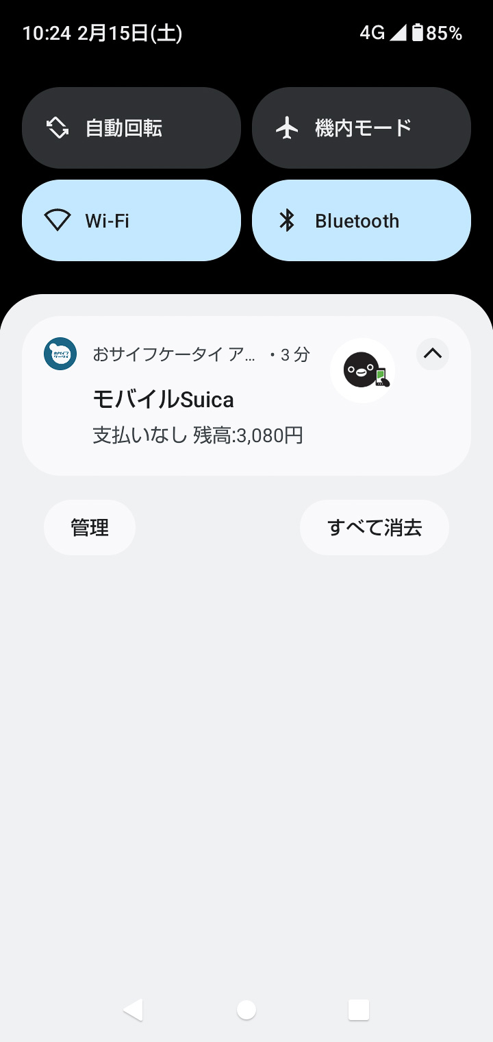 改札を通過するたびに、このような通知が飛んできた。キモは「支払いなし」の表示にあり、あわせて、チャージ残高が減っていないことも確認できる