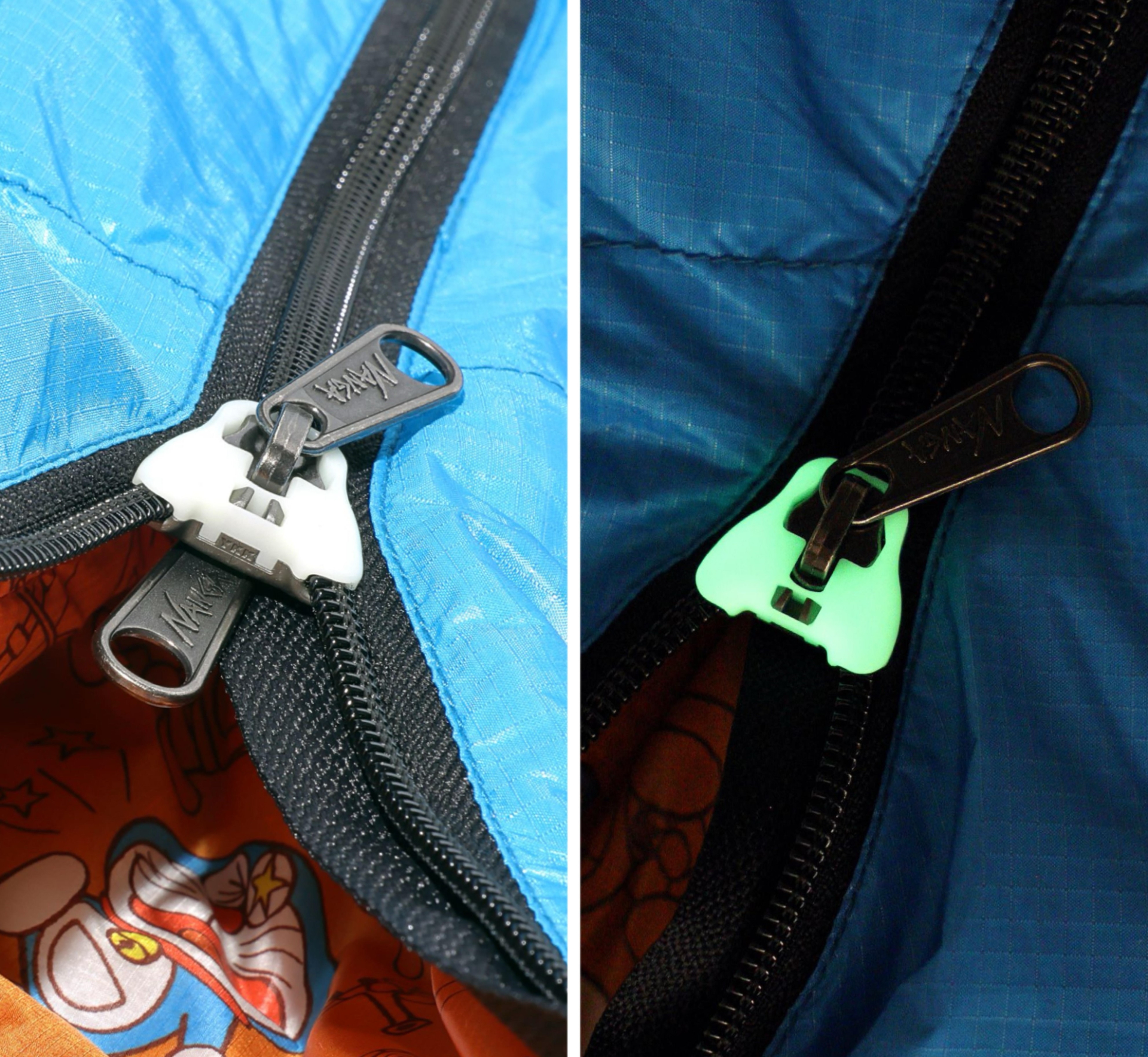 噛み込みにくいYKK特殊パーツの蓄光ファスナー採用