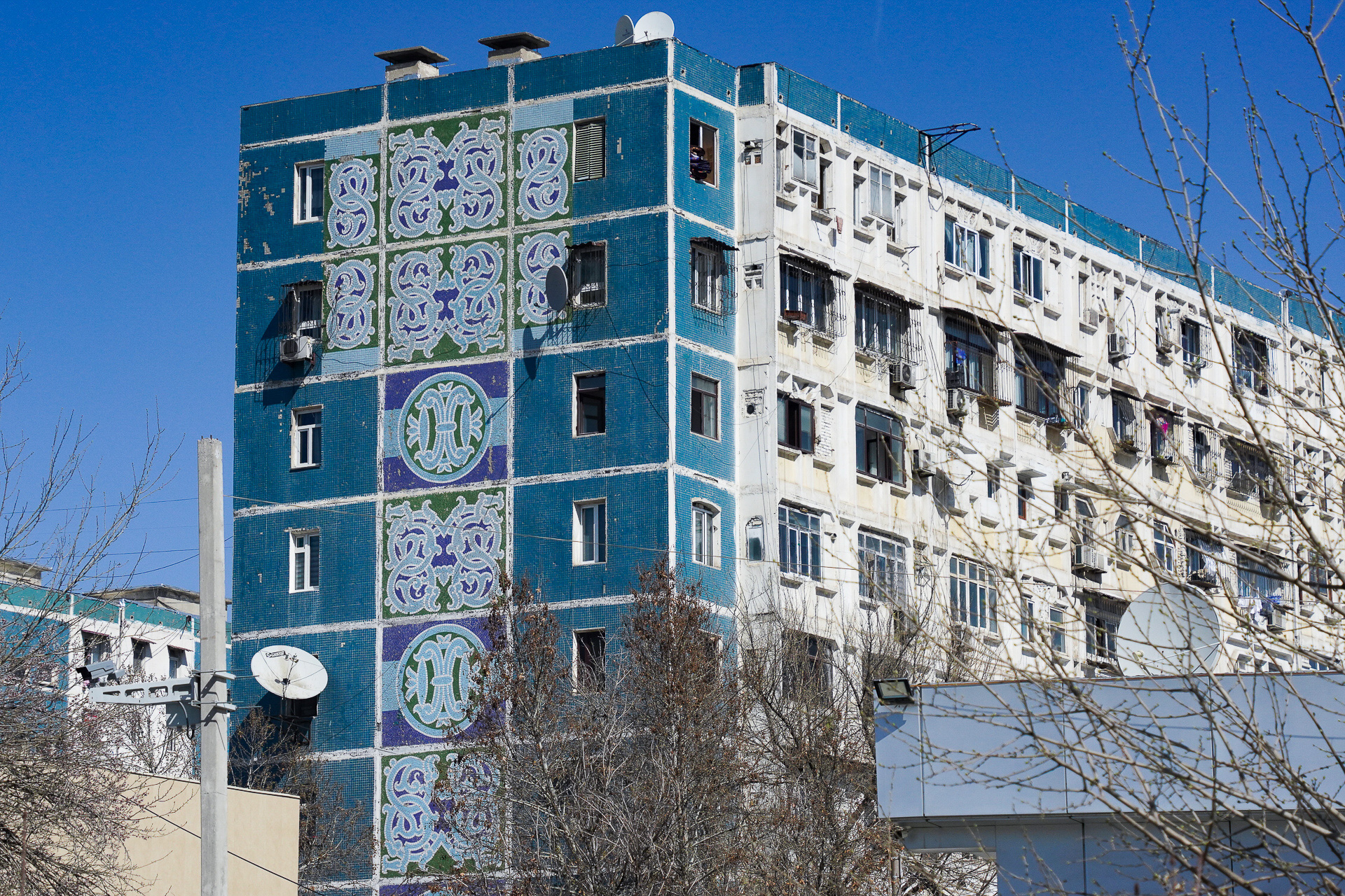 通りに面する壁面に青い紋様が描かれている