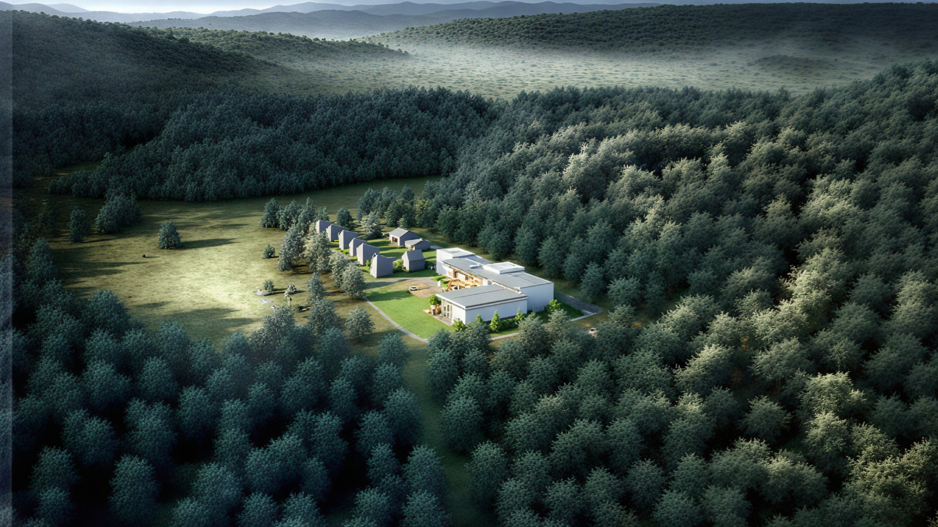 鋸山をイメージした形状のキャビンが10棟、里山の集落のように立ち並ぶ