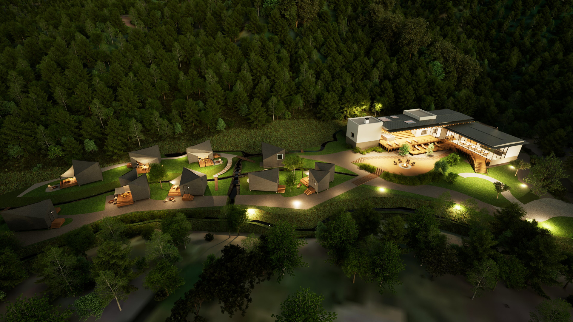 鋸山をイメージした形状のキャビンが10棟、里山の集落のように立ち並ぶ