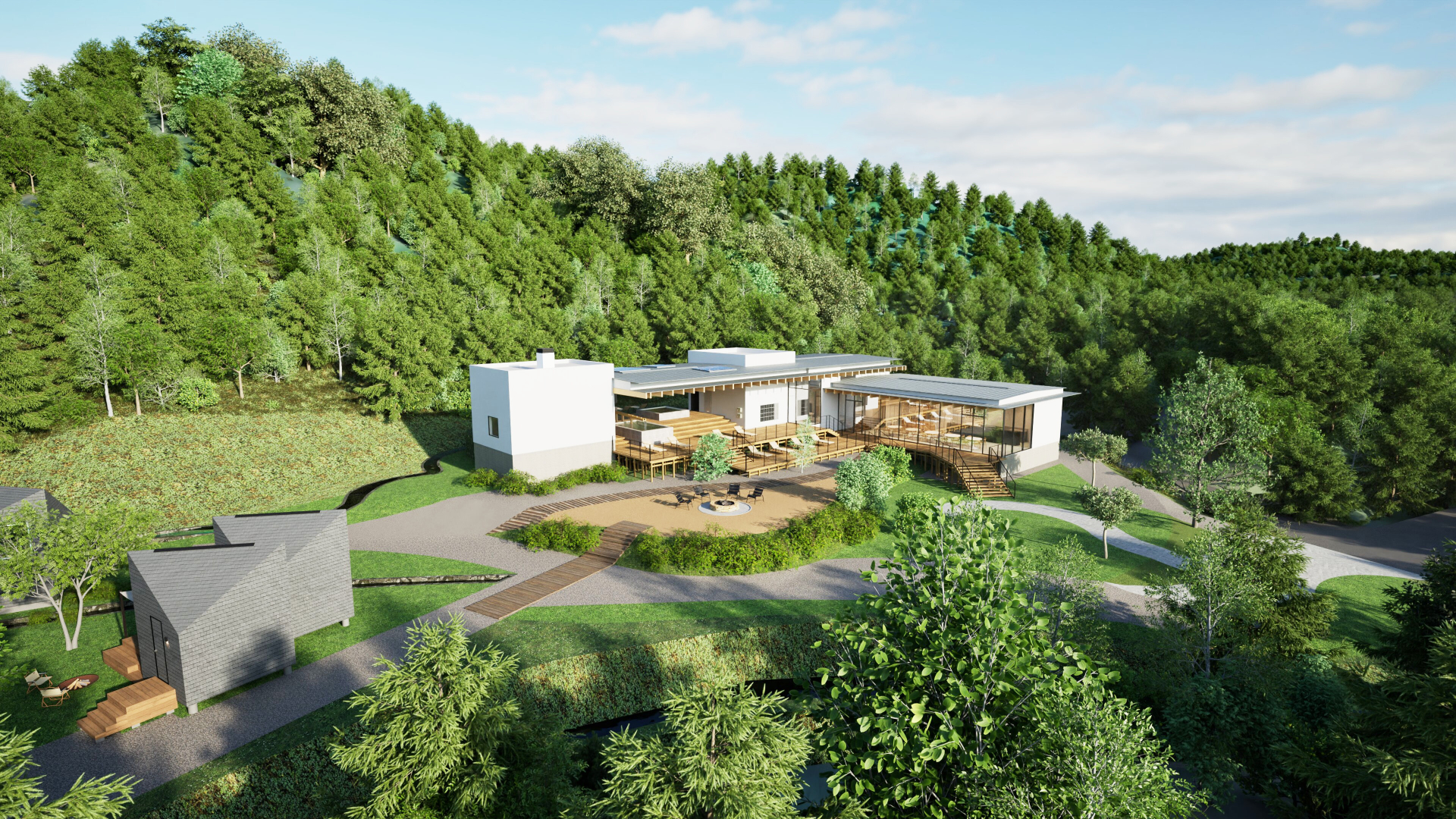 センターハウスには大自然を望むカフェスペースを併設