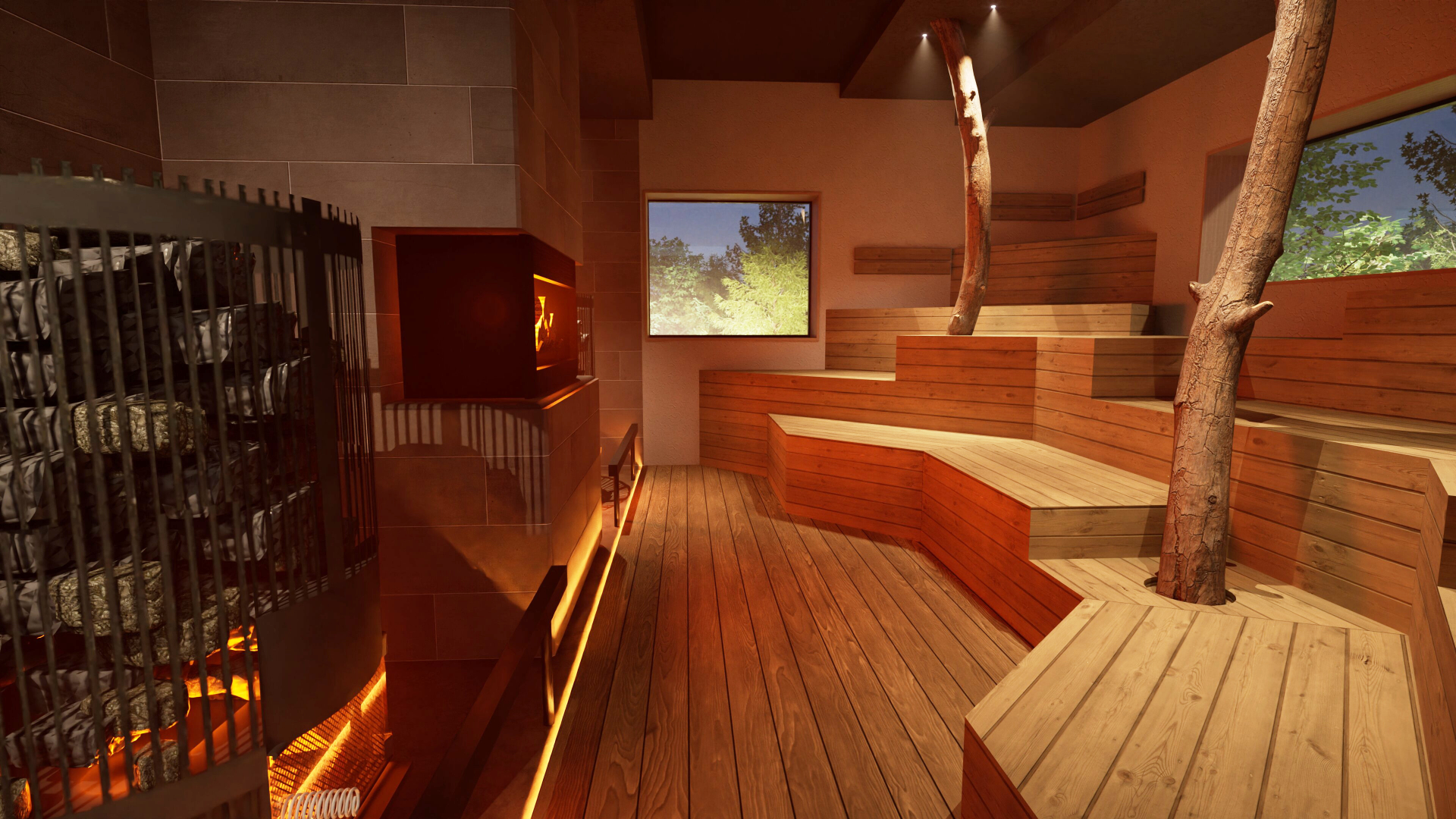 暖炉の炎、野草や薪の香りで五感を刺激する「山サウナ」