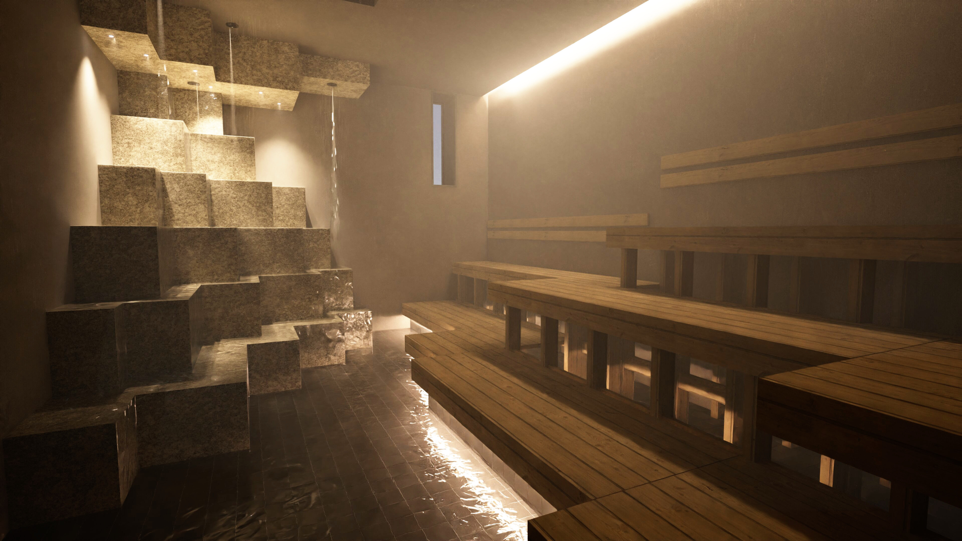 豊かな水源かけ流しの幻想的な「滝サウナ」