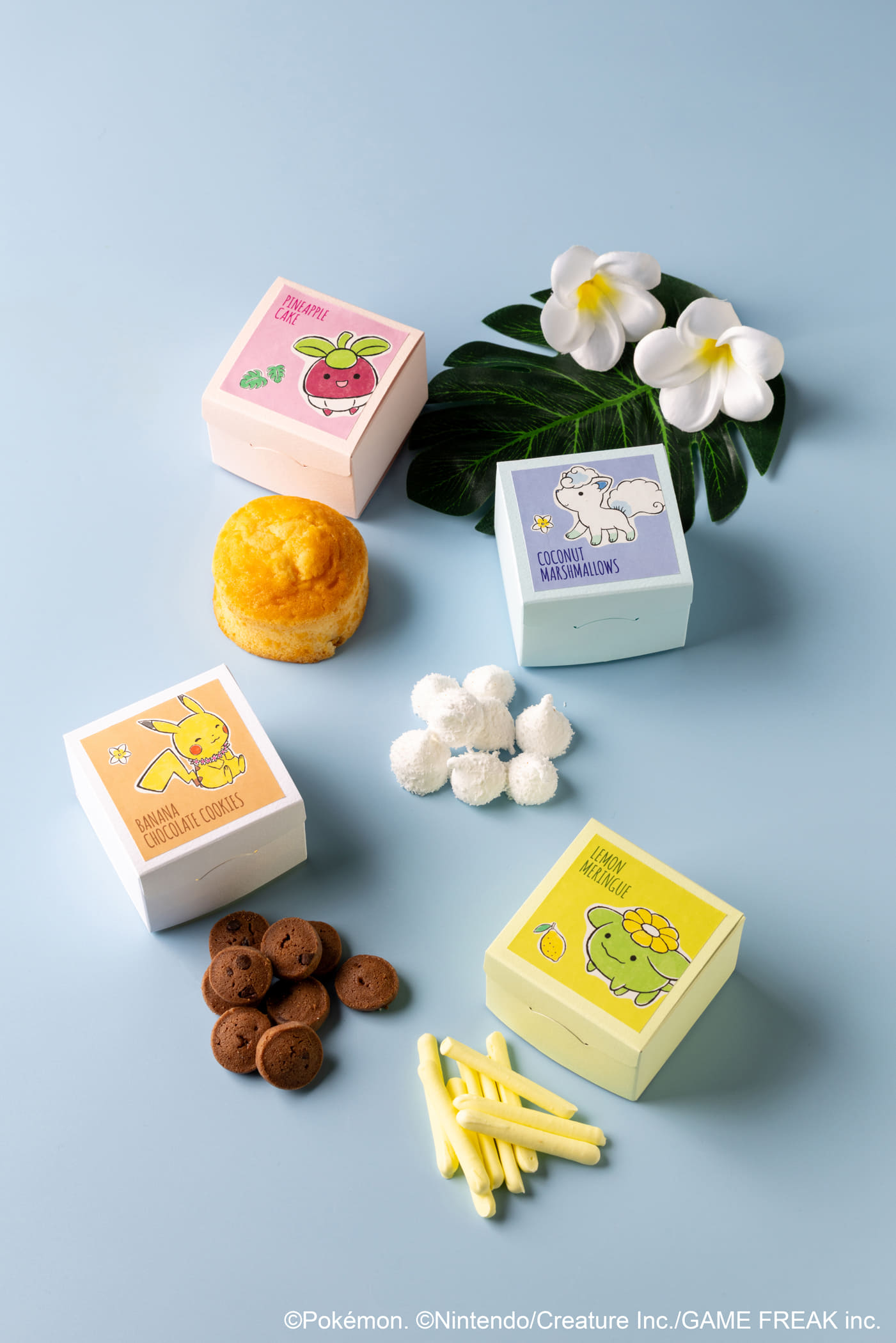 ピカチュウ、アローラコロン、アマカジ、ポポッコデザインのスイーツ4種（各1000円）