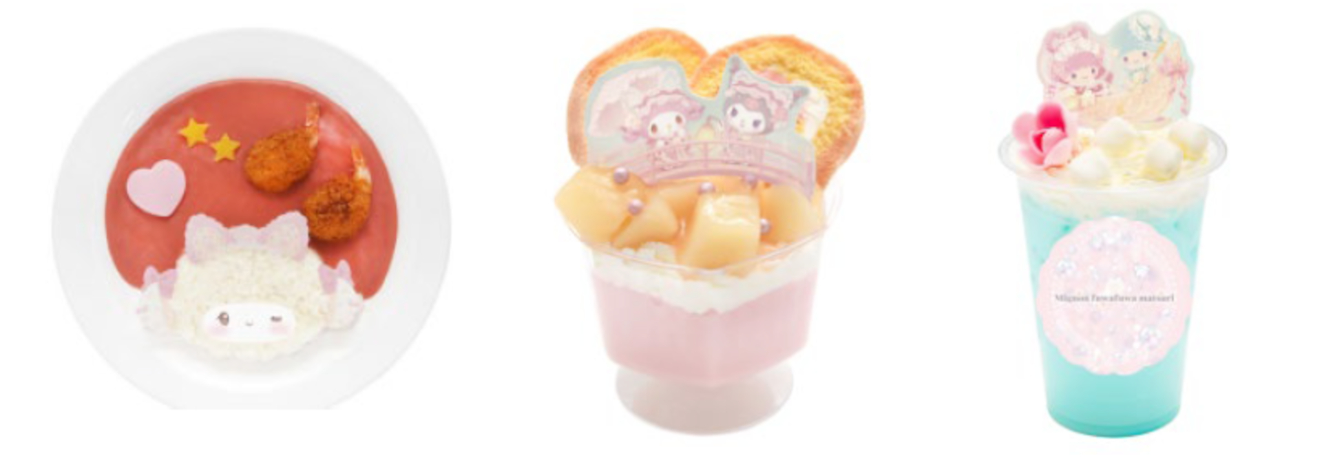 左から、期間限定メニューの「こぎみゅんのまんまる小えびのピンクカレー」「マイメロディ＆クロミのももといちごのミルキープリンパフェ」「リトルツインスターズのfuwafuwa♡みずいろラッシー」