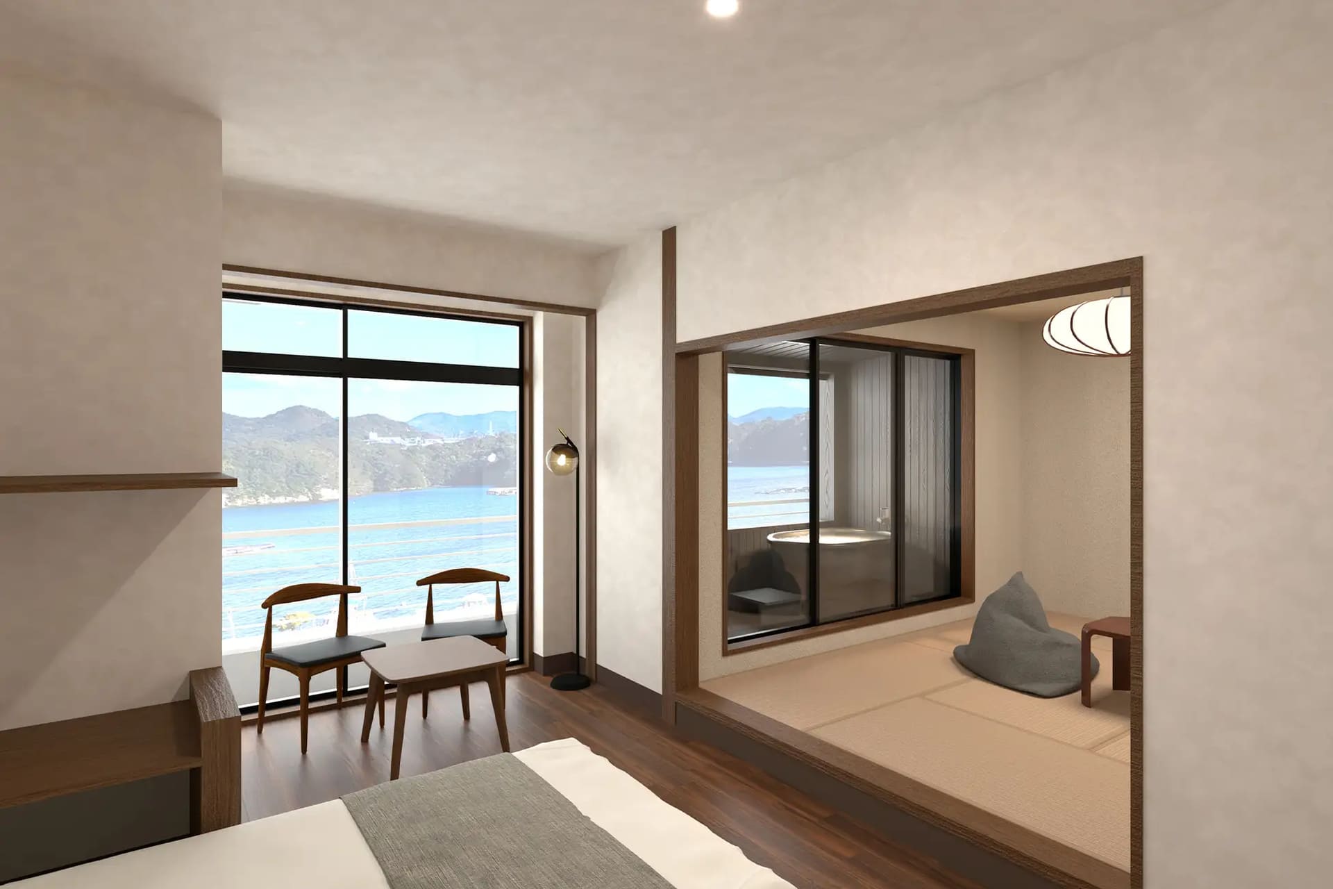 テラスの浴槽から海を一望