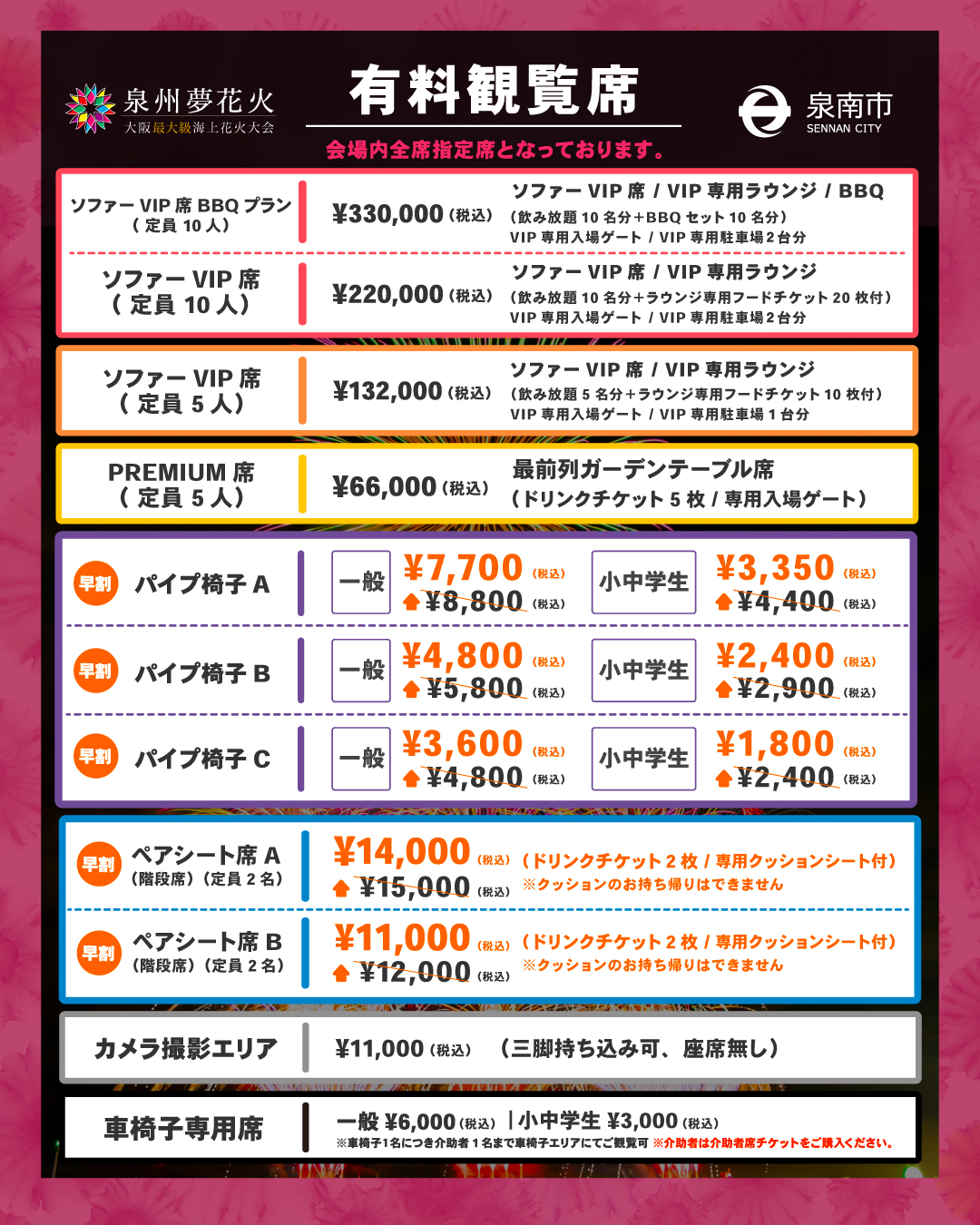 席種と価格。一部チケットは早割キャンペーンで通常よりもお得に
