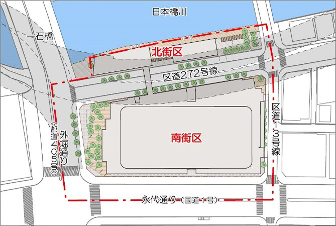 八重洲一丁目北地区市街地再開発事業の上空図。永代通り、日本橋川、外堀通りに囲まれた区画になっている