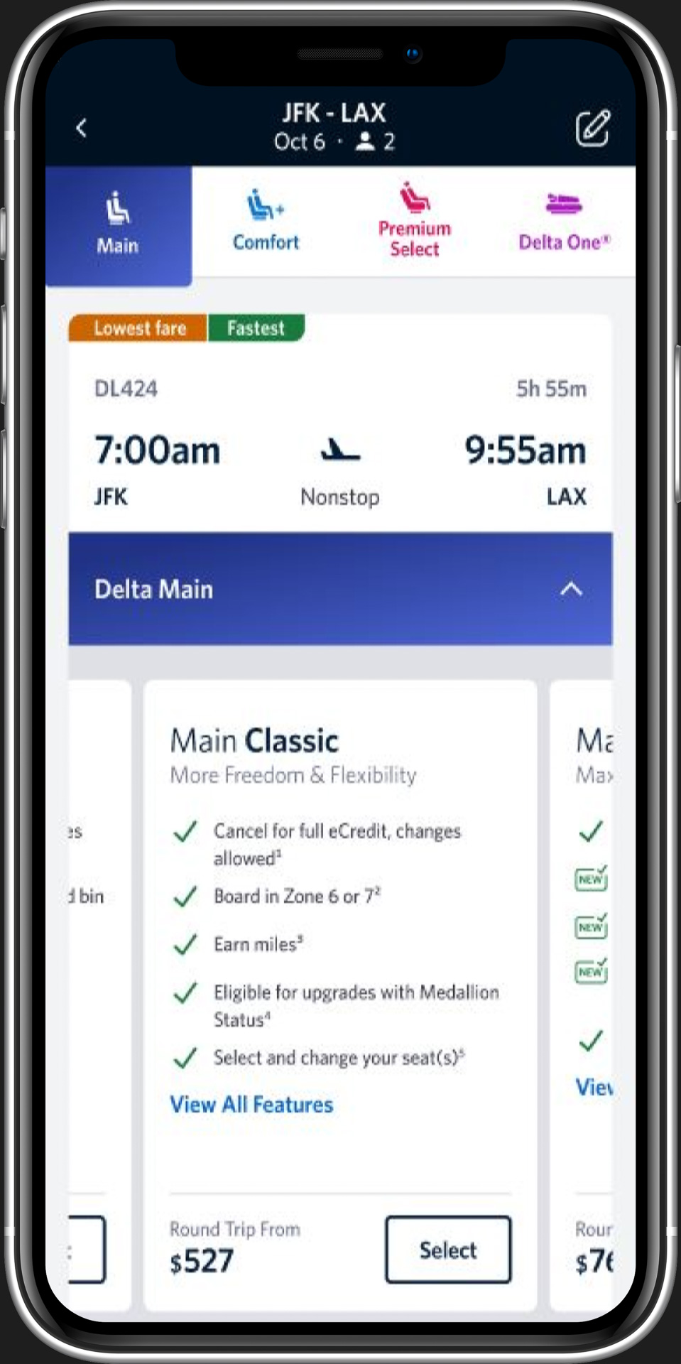 デルタ・メイン ベーシック、クラシック、エクストラの運賃や内容を比較