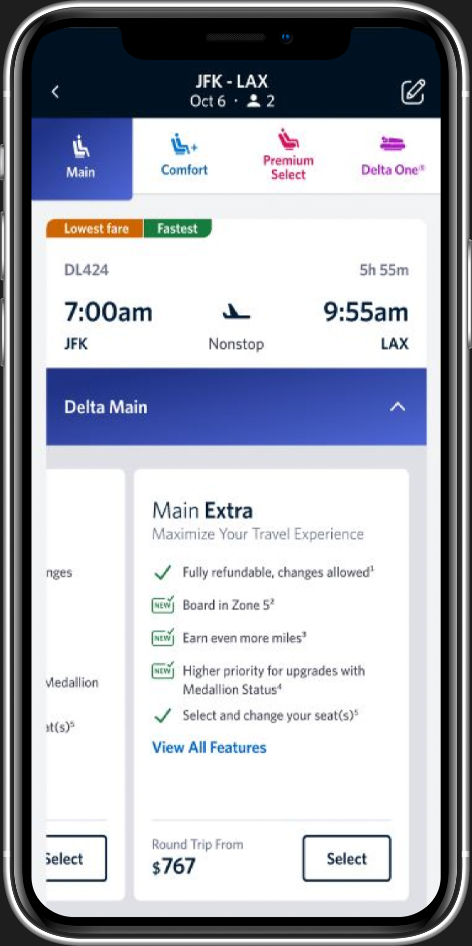 デルタ・メイン ベーシック、クラシック、エクストラの運賃や内容を比較