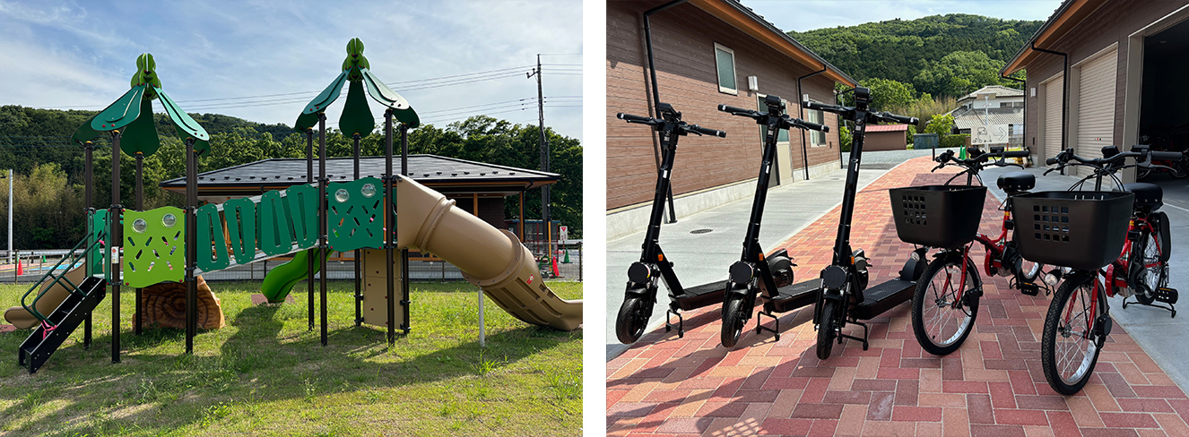 ふわふわドームや複合遊具を設置したふれあい広場、電動自転車やトゥクトゥク、キックボードのレンタルも