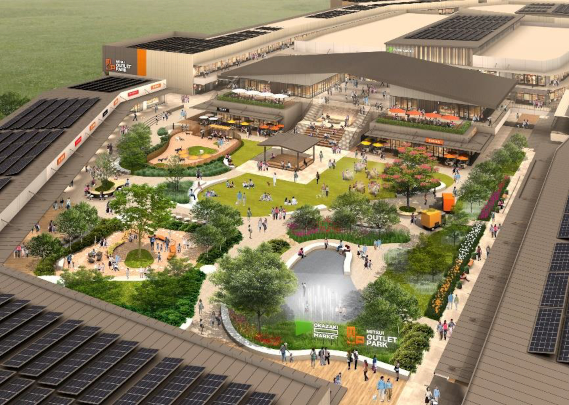 OKAZAKI MARKETゾーンには、緑豊かな屋外広場を囲むように地域の名産品や食事が楽しめる約20店舗が並ぶ