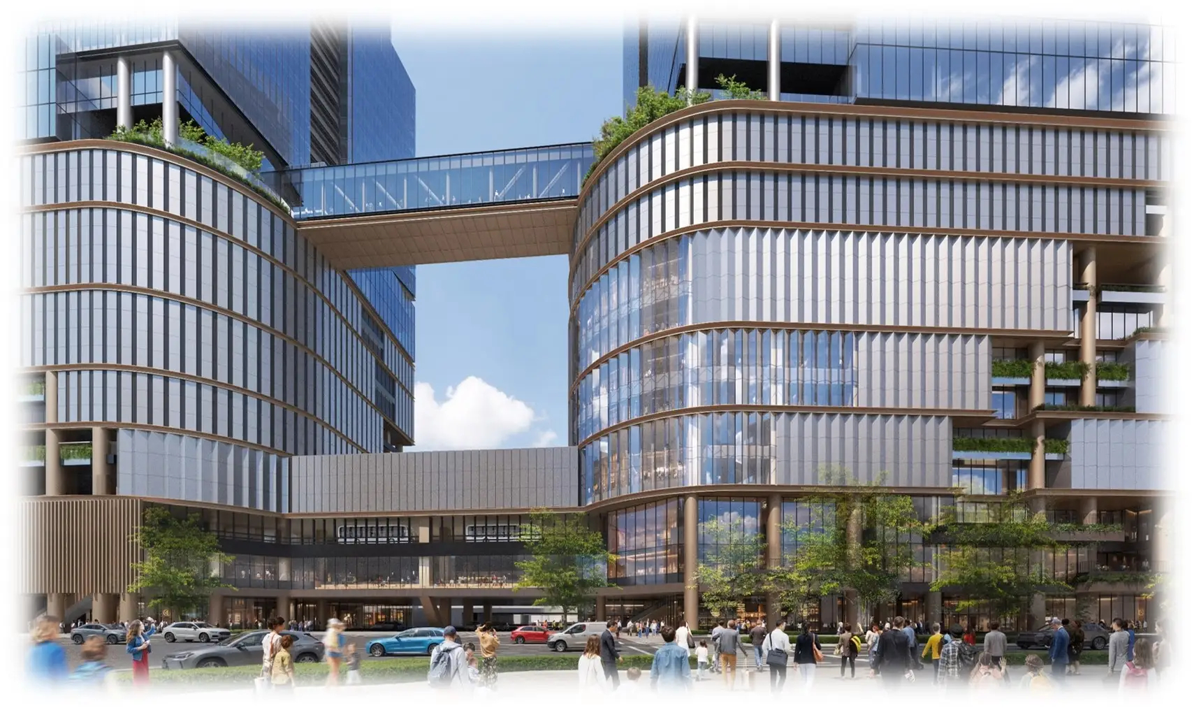 笹島交差点の北東から太閤通を望む。上下3層の歩行者ネットワークを整備する