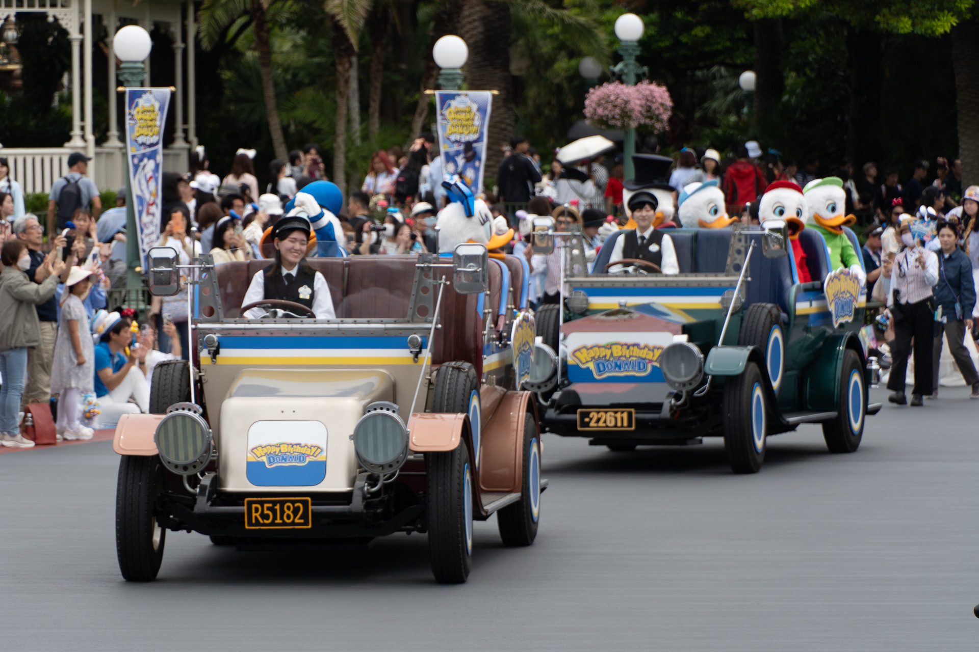 2台のタウンカーに分乗したドナルドダックたちがパレードルートに登場！