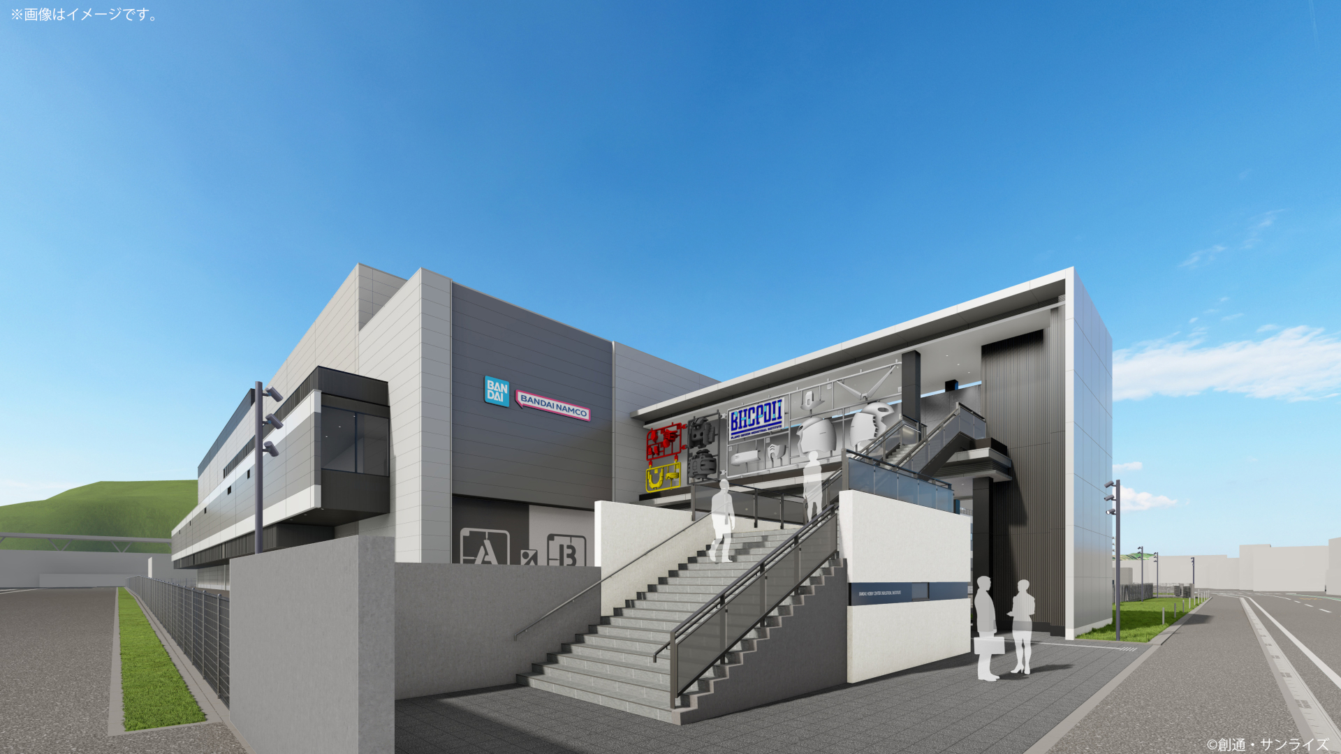 外観。実物大ガンダムのプラモデルが出迎える