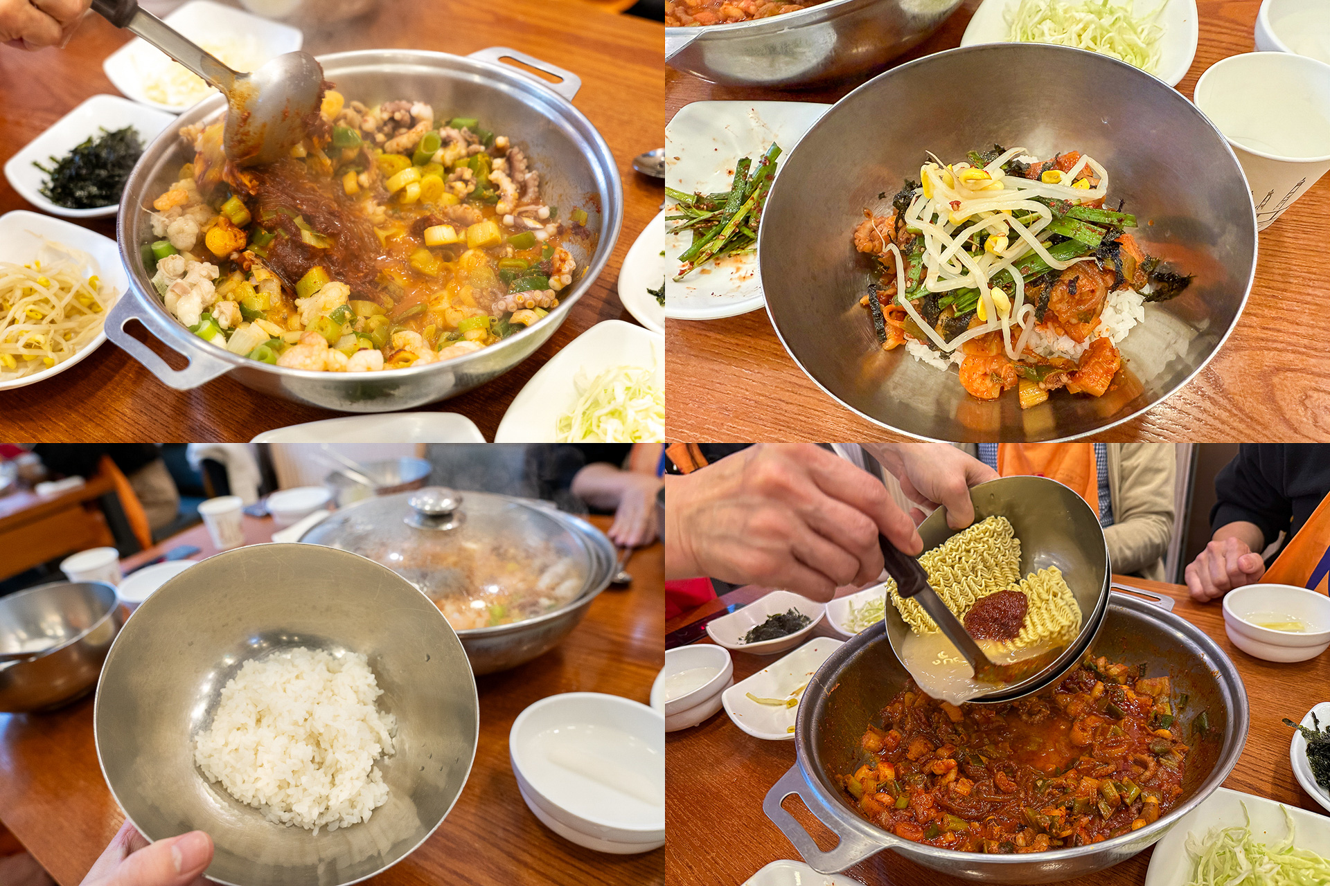 煮込まれたナッコプセはごはんの上にかけてビビンバ風にいただきます。麺を追加するのもオススメ